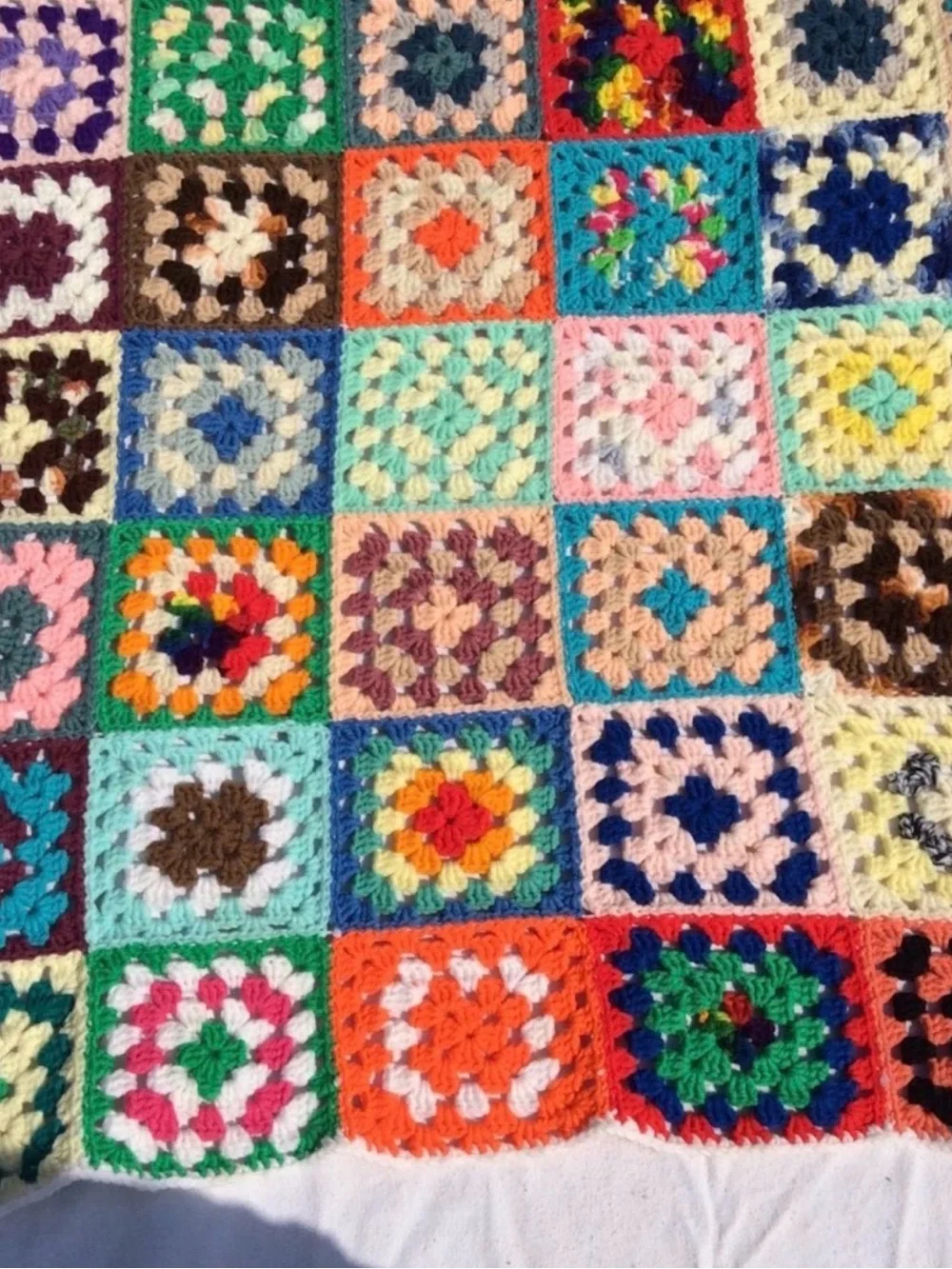 Vintage Handmade Colorful Crochet Granny Square Blanket